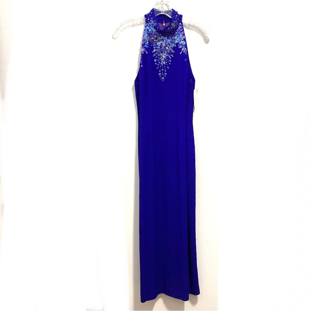 Daymor Couture Sleeveless Metallic Sequin Blue Halter Prom Evening Gown
